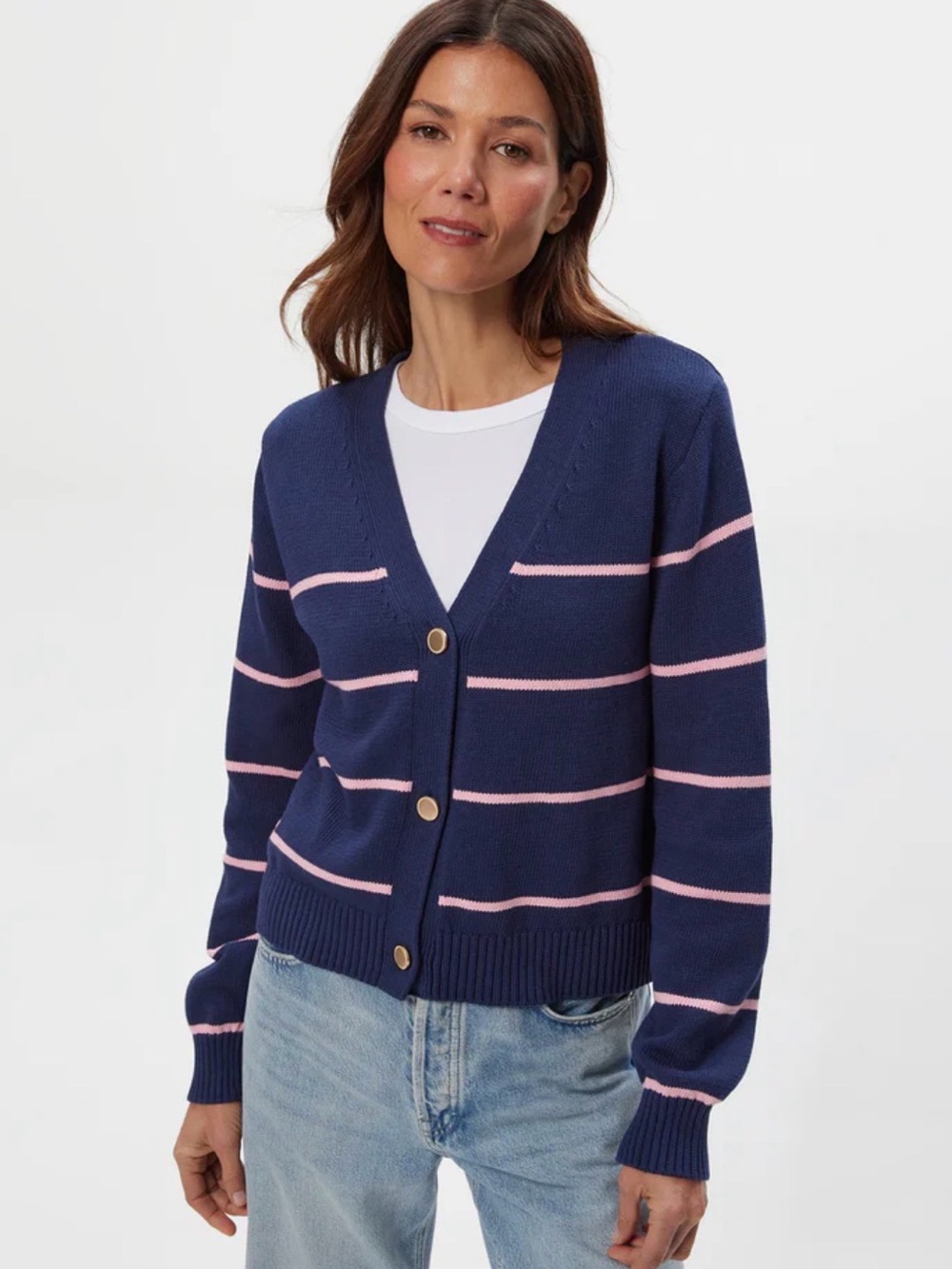 Michael Stars Nautical Navy & Pink Striped V-Neck Cardigan Sweater